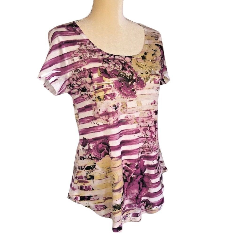 World Unity Women's Top Medium Purple Floral Striped Short Sleeve Casual Blouse